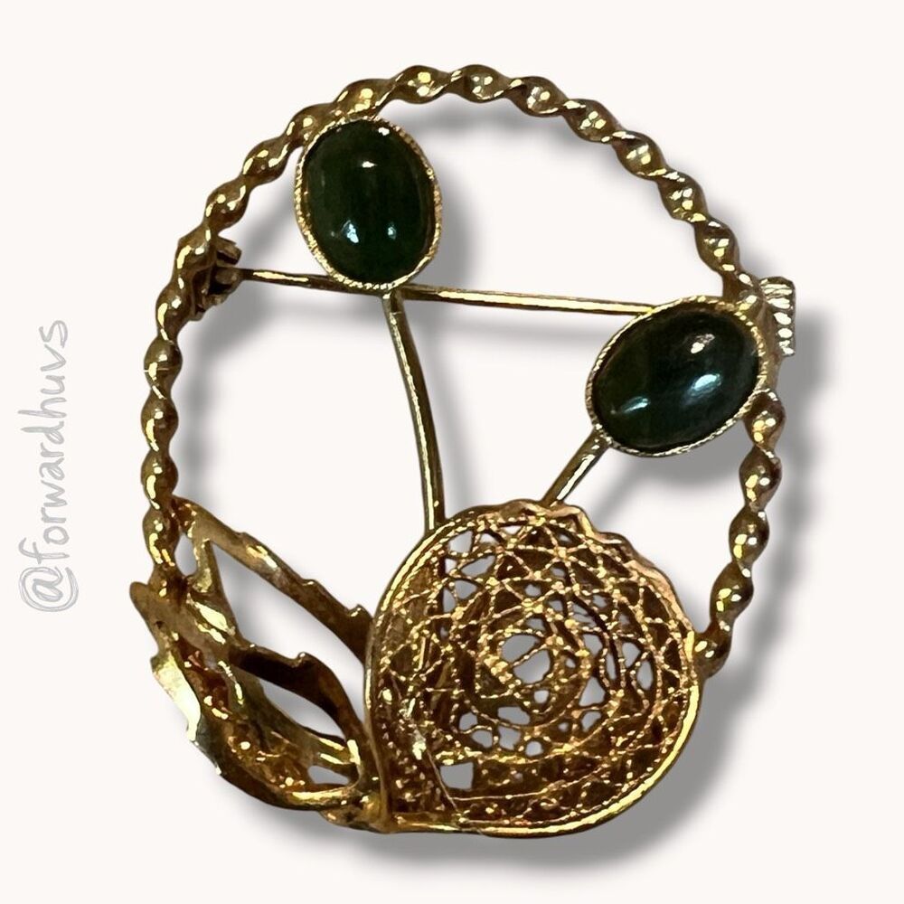 Vintage Gold Filigree Brooch – Green Cabochon Stones – 1.5″